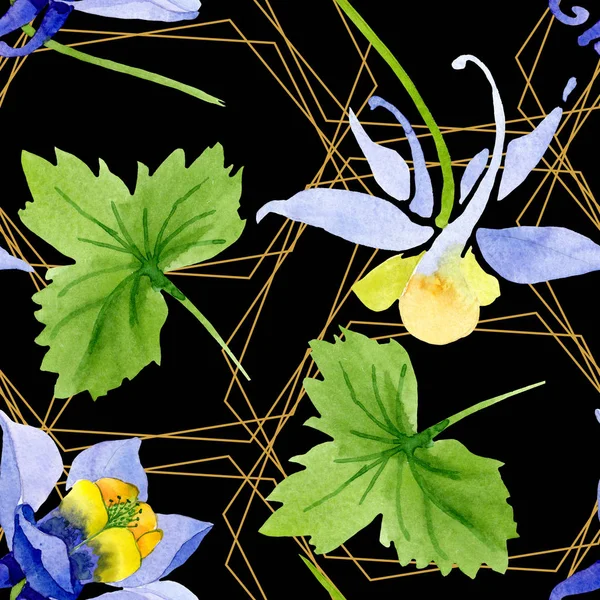 Mavi sarı brugmansia çiçek botanik çiçekler. Suluboya arka plan illüstrasyon seti. Kesintisiz arka plan deseni.