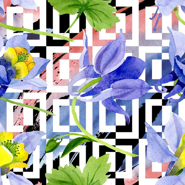 Mavi sarı brugmansia çiçek botanik çiçekler. Suluboya arka plan illüstrasyon seti. Kesintisiz arka plan deseni.