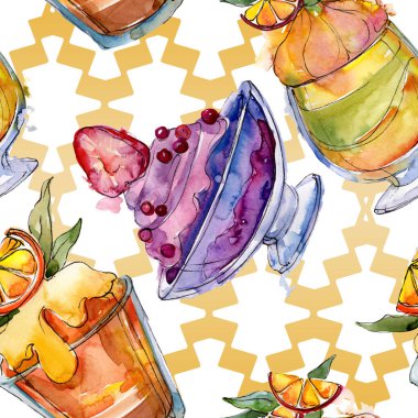 Sulu Boya stilinde lezzetli dondurma. Aquarelle şekerli tatlı şekilde ayarlayın. Sorunsuz arka plan deseni.