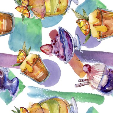 Sulu Boya stilinde lezzetli dondurma. Aquarelle şekerli tatlı şekilde ayarlayın. Sorunsuz arka plan deseni.