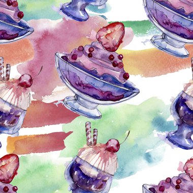 Sulu Boya stilinde lezzetli dondurma. Aquarelle şekerli tatlı şekilde ayarlayın. Sorunsuz arka plan deseni.