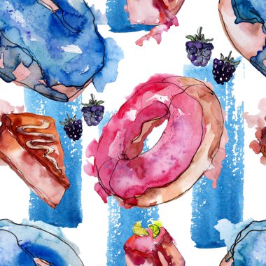 Suluboya tarzında lezzetli kek. Suluboya illüstrasyon seti. Kesintisiz arka plan deseni.