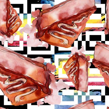 Suluboya tarzında lezzetli kek. Suluboya illüstrasyon seti. Kesintisiz arka plan deseni.