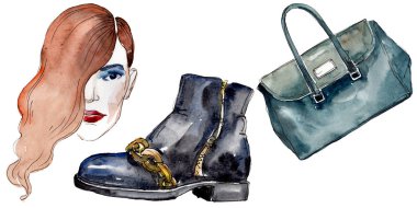 Moda kroki glamour çizimde bir suluboya stil izole öğesi. Suluboya arka plan ayarlamak.