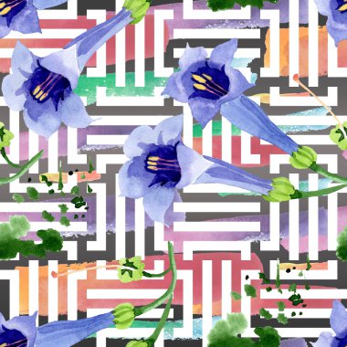 Mavi brugmansia çiçek botanik çiçekleri. Suluboya arka plan illüstrasyon seti. Kesintisiz arka plan deseni.
