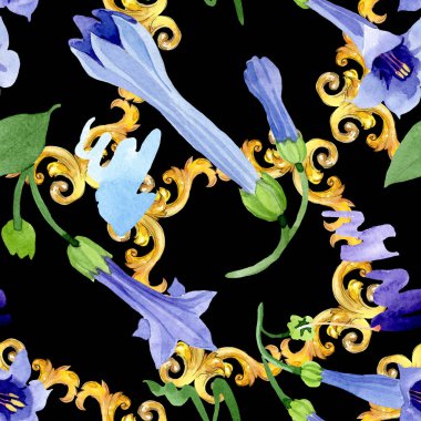 Mavi brugmansia çiçek botanik çiçekleri. Suluboya arka plan illüstrasyon seti. Kesintisiz arka plan deseni.