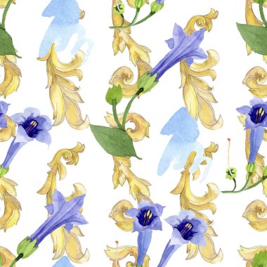 Mavi brugmansia çiçek botanik çiçekleri. Suluboya arka plan illüstrasyon seti. Kesintisiz arka plan deseni.