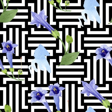 Mavi brugmansia çiçek botanik çiçekleri. Suluboya arka plan illüstrasyon seti. Kesintisiz arka plan deseni.