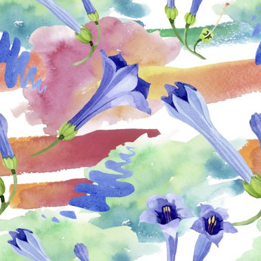 Mavi brugmansia çiçek botanik çiçekleri. Suluboya arka plan illüstrasyon seti. Kesintisiz arka plan deseni.