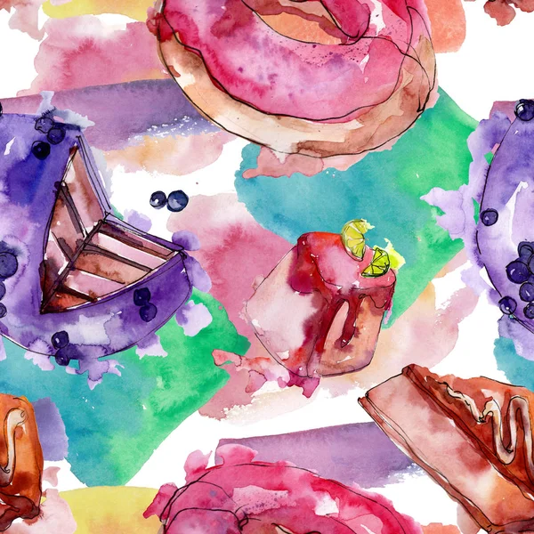 Tasty cake in a watercolor style. Watercolour illustration set. Seamless background pattern. — Stock Photo, Image