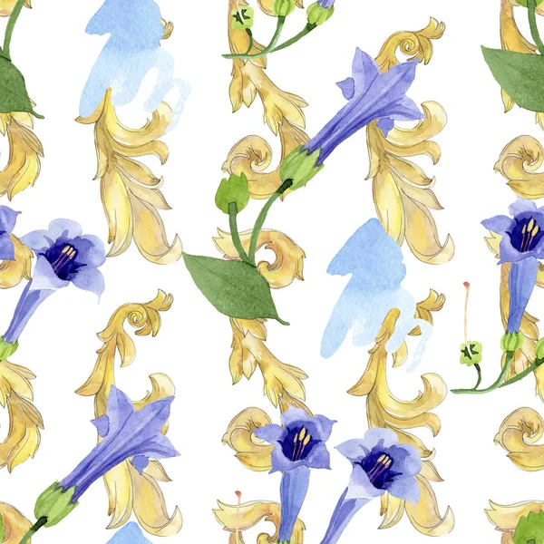 Mavi brugmansia çiçek botanik çiçekleri. Suluboya arka plan illüstrasyon seti. Kesintisiz arka plan deseni.