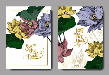 Vektör Lotus çiçek botanik çiçekler. Siyah ve beyaz oyulmuş mürekkep sanatı. Düğün arka plan kartı dekoratif sınır.