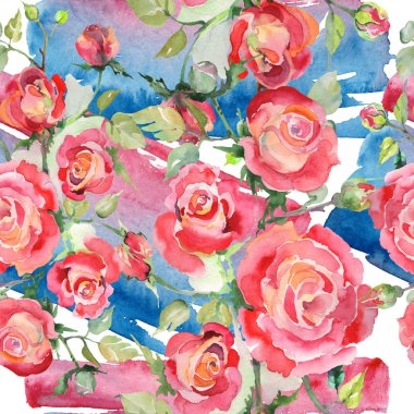 Kırmızı gül buketi çiçek botanik çiçekler. Suluboya arka plan illüstrasyon küme. Sorunsuz arka plan deseni.