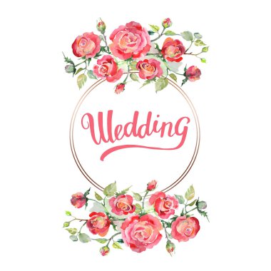 Kırmızı gül buketi çiçek botanik çiçekler. Suluboya arka plan illüstrasyon küme. Çerçeve kenarlığı süsleme Meydanı.