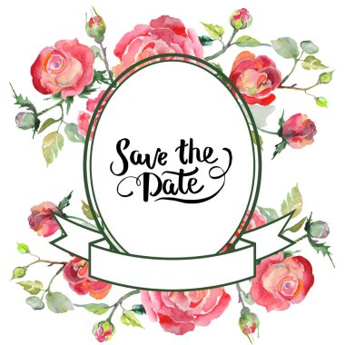 Kırmızı gül buketi çiçek botanik çiçekler. Suluboya arka plan illüstrasyon küme. Çerçeve kenarlığı süsleme Meydanı.