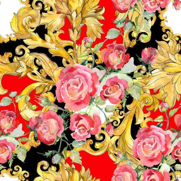 Vermelho rosa buquê flores botânicas florais. Conjunto de ilustração de fundo aquarela. Padrão de fundo sem costura . — Fotografia de Stock