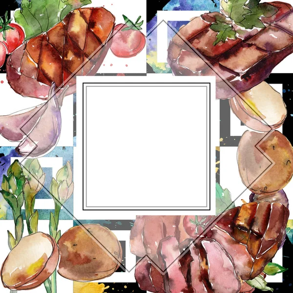 Grilled steak tasty food. Watercolor background illustration set. Frame border ornament square. — Stock Photo, Image
