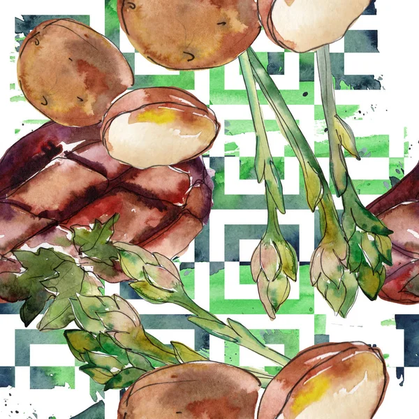 Grilled steak tasty food. Watercolor background illustration set. Seamless background pattern. — Stock Photo, Image