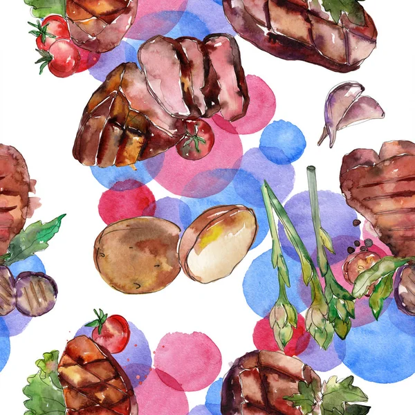 Carne a la parrilla sabrosa comida. Conjunto de ilustración de fondo acuarela. Patrón de fondo sin costuras . — Foto de Stock