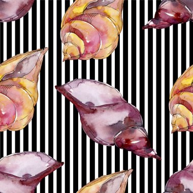 Yaz plaj deniz kabuğu tropikal unsurlar. Suluboya arka plan illüstrasyon seti. Kesintisiz arka plan deseni.