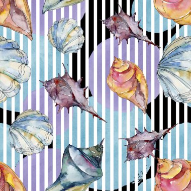 Yaz plaj deniz kabuğu tropikal unsurlar. Suluboya arka plan illüstrasyon seti. Kesintisiz arka plan deseni.