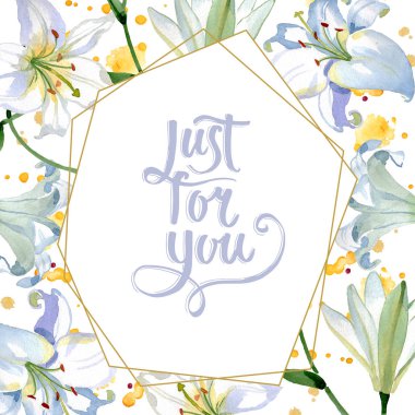 Beyaz zambak çiçek botanik çiçekler. Suluboya arka plan illüstrasyon seti. Çerçeve kenarlık süs karesi.