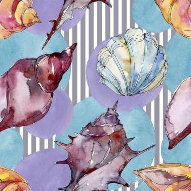 Yaz plaj deniz kabuğu tropikal unsurlar. Suluboya arka plan illüstrasyon seti. Kesintisiz arka plan deseni.