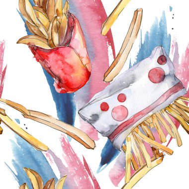 Fast food patates kızartması lezzetli yemek. Suluboya arka plan illüstrasyon seti. Kesintisiz arka plan deseni.