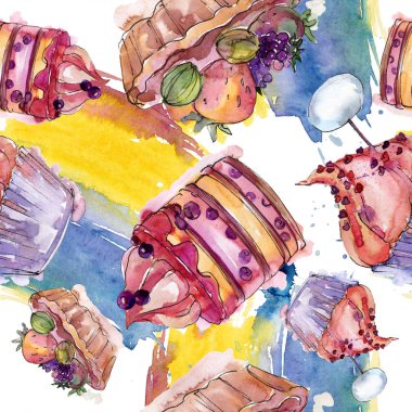 Meyve izole bir sulu boya stilinde lezzetli pasta. Şekerli tatlı illüstrasyon. Sorunsuz arka plan deseni.