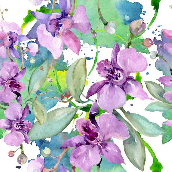 Mazzi di fiori del Orchid fiori botanici floreali. Acquerello sfondo illustrazione set. Modello di sfondo senza soluzione di continuità . — Foto Stock