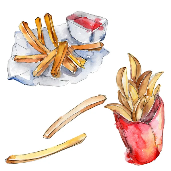 Fast food batatas fritas comida saborosa. Conjunto de ilustração de fundo aquarela. elemento de ilustração de batata isolada . — Fotografia de Stock