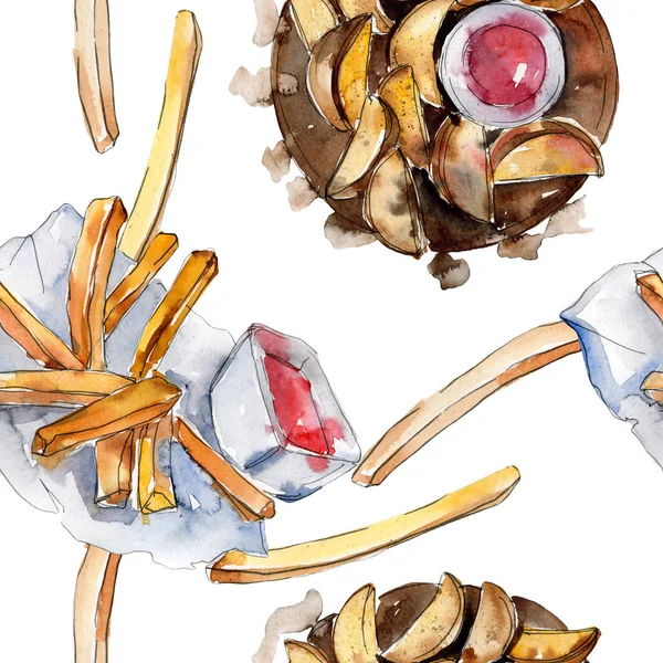 Швидка їжа картопля фрі смачна їжа. Набір ілюстрацій для акварельного фону. Безшовний візерунок тла . — стокове фото