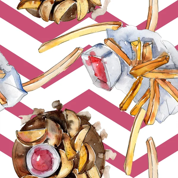 Snabbmat franska pommes frites god mat. Akvarell bakgrund illustration uppsättning. Sömlöst bakgrundsmönster. — Stockfoto