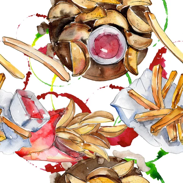 Fast Food Pommes frites leckeres Essen. Aquarell Hintergrundillustration Set. nahtloses Hintergrundmuster. — Stockfoto