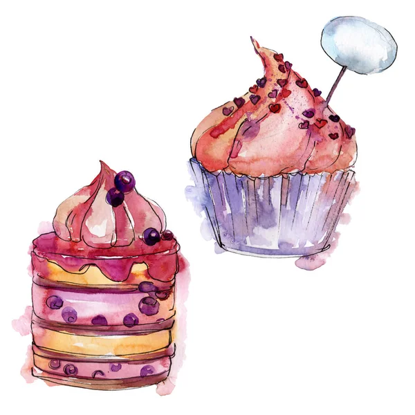 Ízletes sütemény gyümölcsökkel édes desszert. Akvarell háttér illusztráció meg. Különálló desszert illusztrációs elem. — Stock Fotó