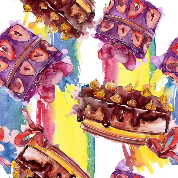 美味的蛋糕与水果在水彩画风格隔离。甜蜜的甜点插图。无缝的背景模式. — 图库照片