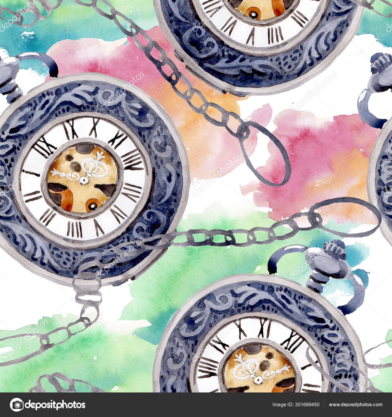 Vintage old clock pocket watch. Watercolor background illustration set.  Seamless background pattern. Stock Illustration by ©MyStocks #301689450, image size:1600x1700