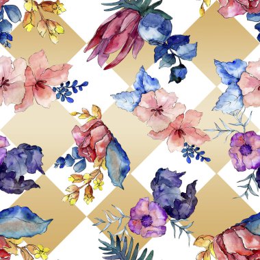 Buketler çiçek botanik çiçekler. Suluboya arka plan illüstrasyon küme. Sorunsuz arka plan deseni.