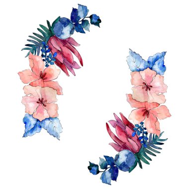 Buketler çiçek botanik çiçekler. Suluboya arka plan illüstrasyon küme. Çerçeve kenarlığı süsleme Meydanı.