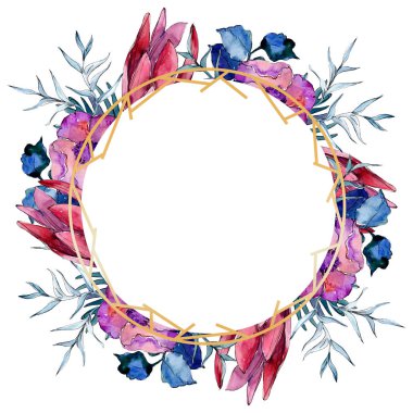 Buketler çiçek botanik çiçekler. Suluboya arka plan illüstrasyon küme. Çerçeve kenarlığı süsleme Meydanı.