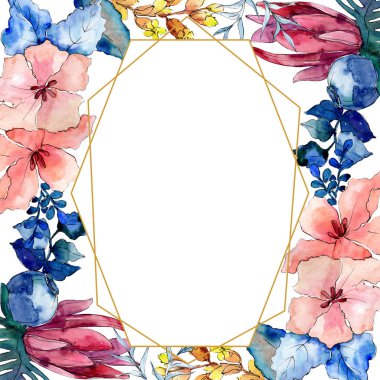 Buketler çiçek botanik çiçekler. Suluboya arka plan illüstrasyon küme. Çerçeve kenarlığı süsleme Meydanı.