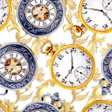 Vintage old clock pocket watch. Watercolor background illustration set. Seamless background pattern. clipart