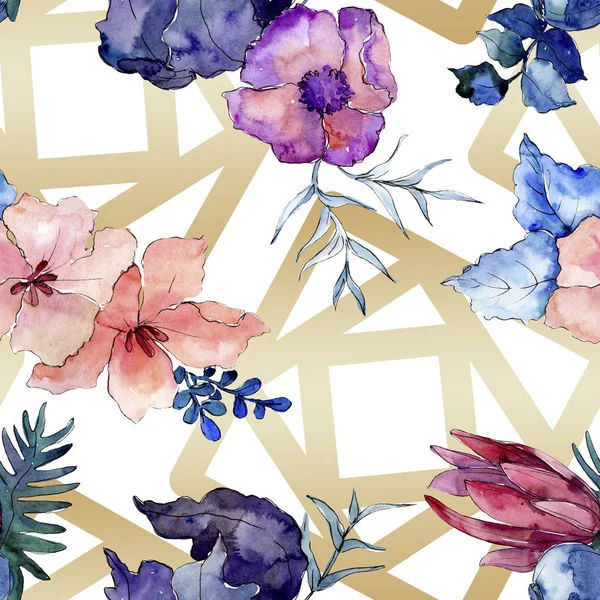 Bouquets floral botanical flowers. Watercolor background illustration set. Seamless background pattern. — Stock Photo, Image