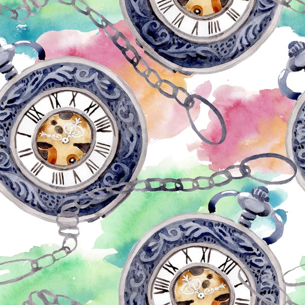 Vintage vieille montre de poche horloge. Ensemble d'illustration de fond aquarelle. Modèle de fond sans couture . — Photo