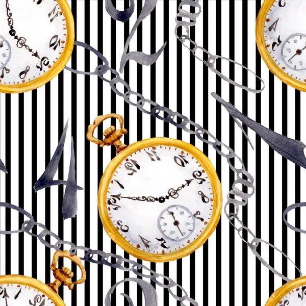 Vintage old clock pocket watch. Watercolor background illustration set. Seamless background pattern.