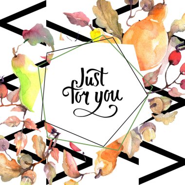 Gül kalça meyve ile armut Dalı. Suluboya arka plan illüstrasyon seti. Çerçeve kenarlık süs karesi.