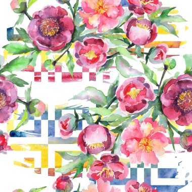 Şakayık buketi çiçek botanik çiçekleri. Suluboya arka plan illüstrasyon seti. Kesintisiz arka plan deseni.