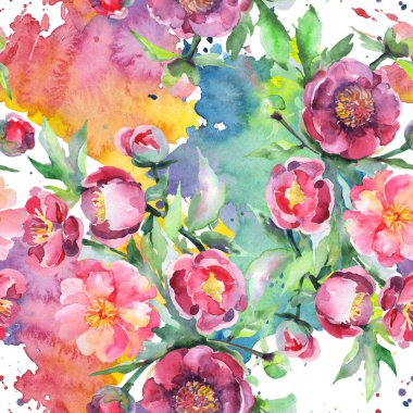 Şakayık buketi çiçek botanik çiçekleri. Suluboya arka plan illüstrasyon seti. Kesintisiz arka plan deseni.