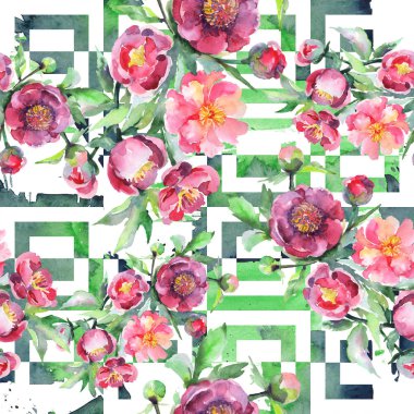 Şakayık buketi çiçek botanik çiçekleri. Suluboya arka plan illüstrasyon seti. Kesintisiz arka plan deseni.