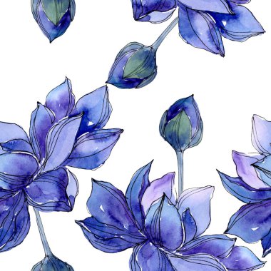 Mavi lotus çiçek botanik çiçekler. Suluboya arka plan illüstrasyon seti. Kesintisiz arka plan deseni.